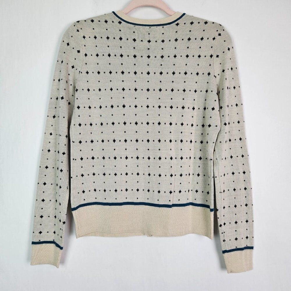 Halogen Cream Wool Cardigan with Black Geometric Pattern & Blue Trim - Picture 7 of 10